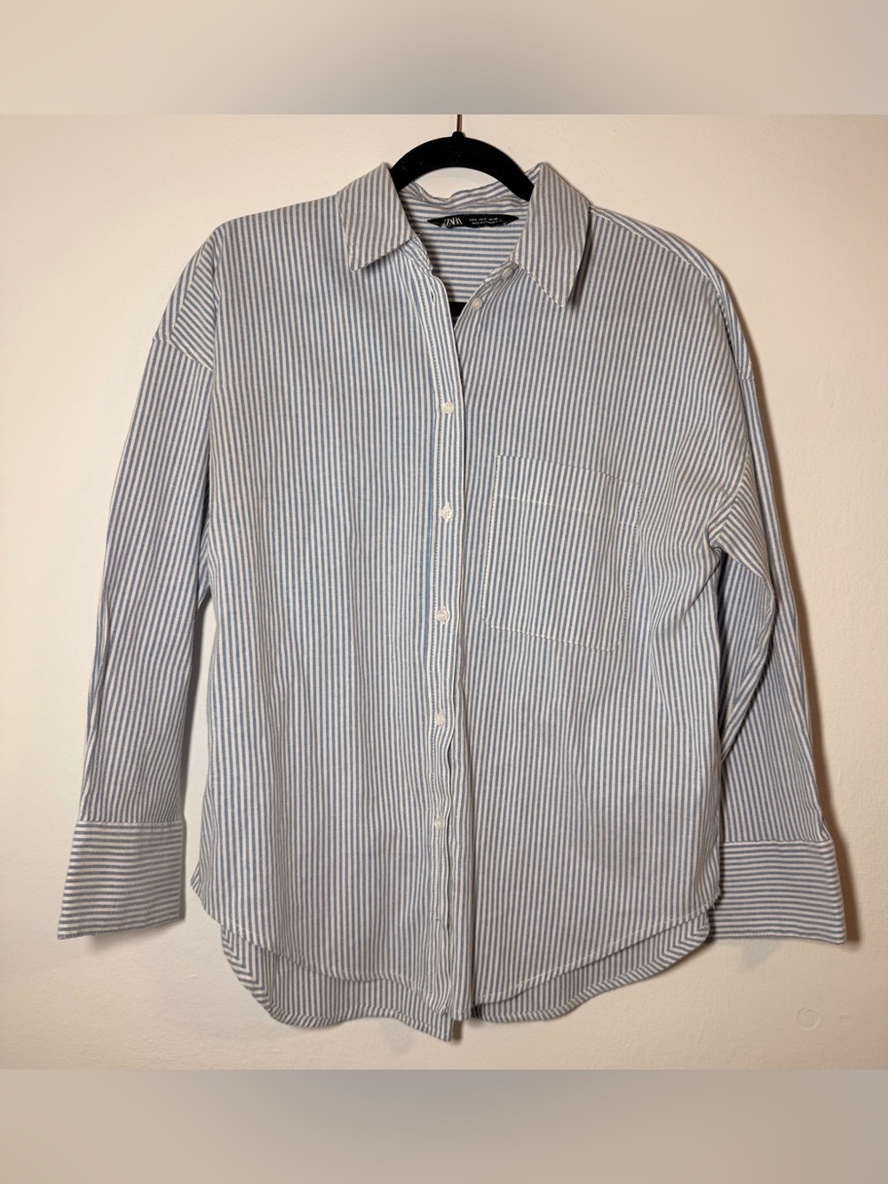 Zara Womens Blue White Striped Linen Blend Button Down Shirt Pockets Small S